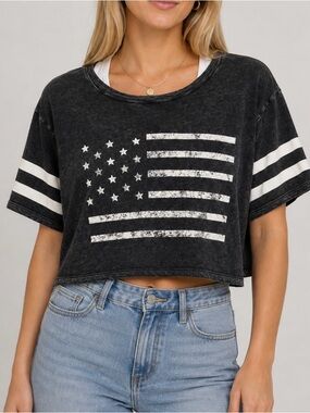 American Eagle Charcoal USA Flag Cropped Graphic T-Shirt Striped Sleeve | S⁠mall